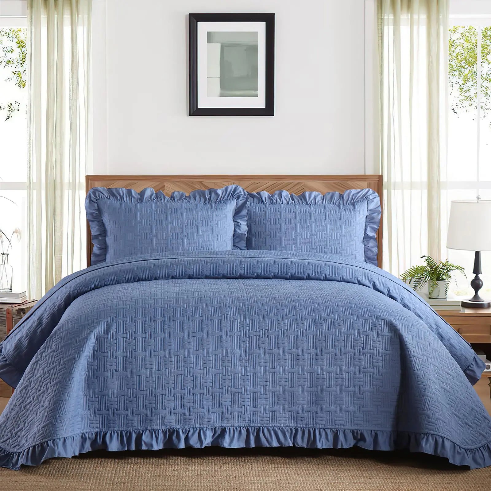 DJY King Size Quilt Set Blue Bedspreads - Soft Bed Summer Quilt Lightweight Modern Bedspreads Bedding Set for All Seasons (1 Quilt 2 Pillow Shams)