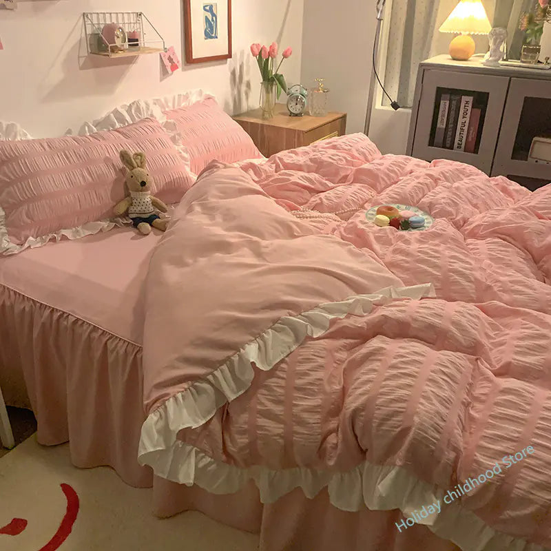 Pink Striped Ruffle Quilt Cover Bedding Set with Pillowcase
