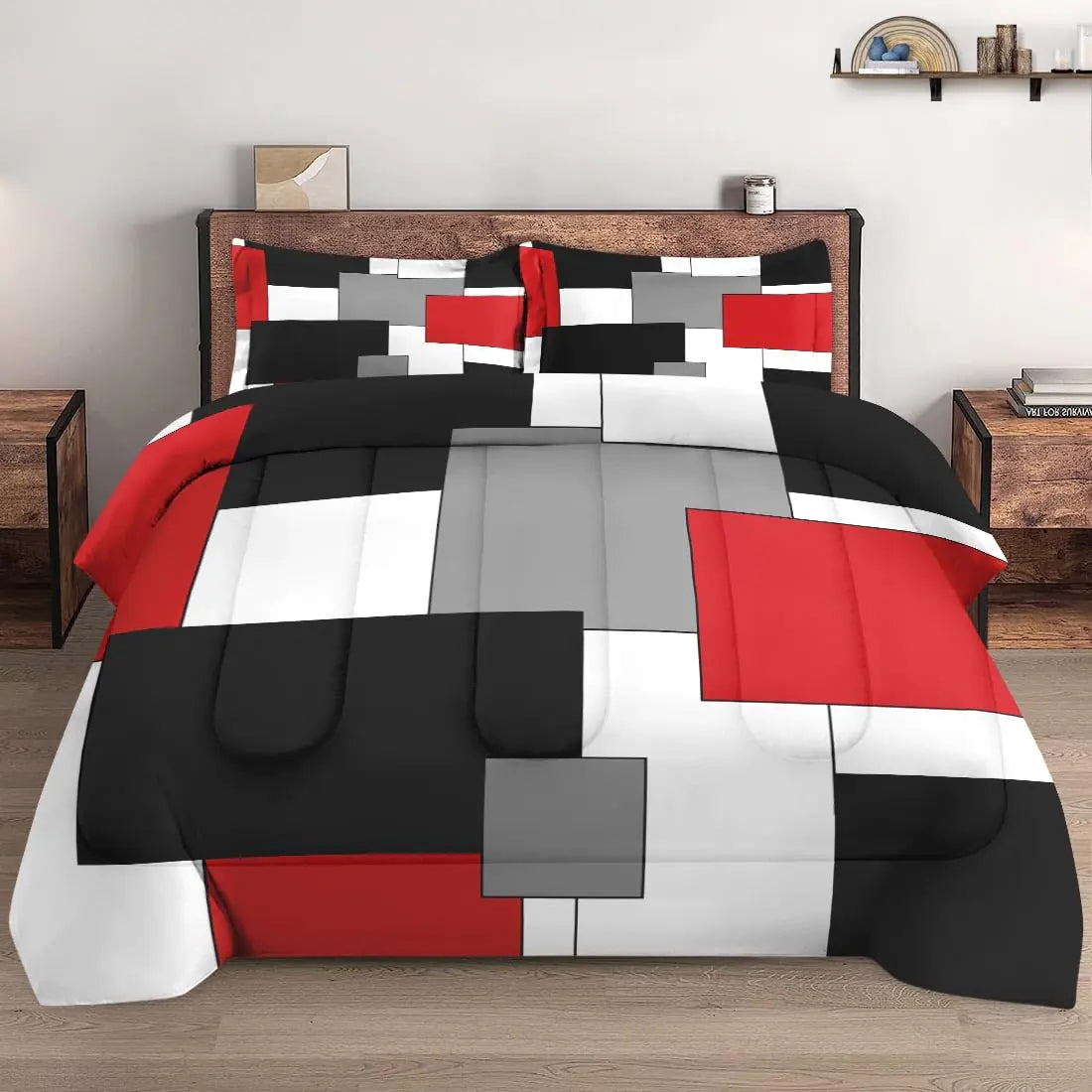 WeCozy Queen Size Comforter Set with 2 Pillowcases Black White Red Geometric Soft 3 Pcs Bedding Set for Kids and Adults Bedroom Bed Decor