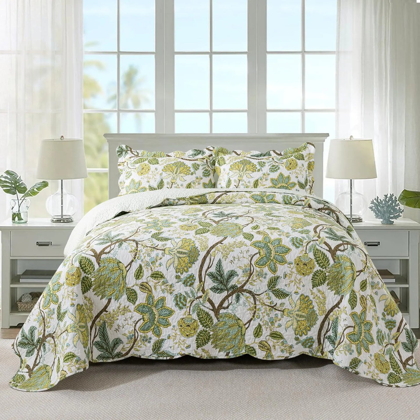 Travan 3-Piece Quilt Set Quilted Bedspread Cotton Coverlet Set Floral Oversized Quilted Bedding Set for All Season White Vine King Size