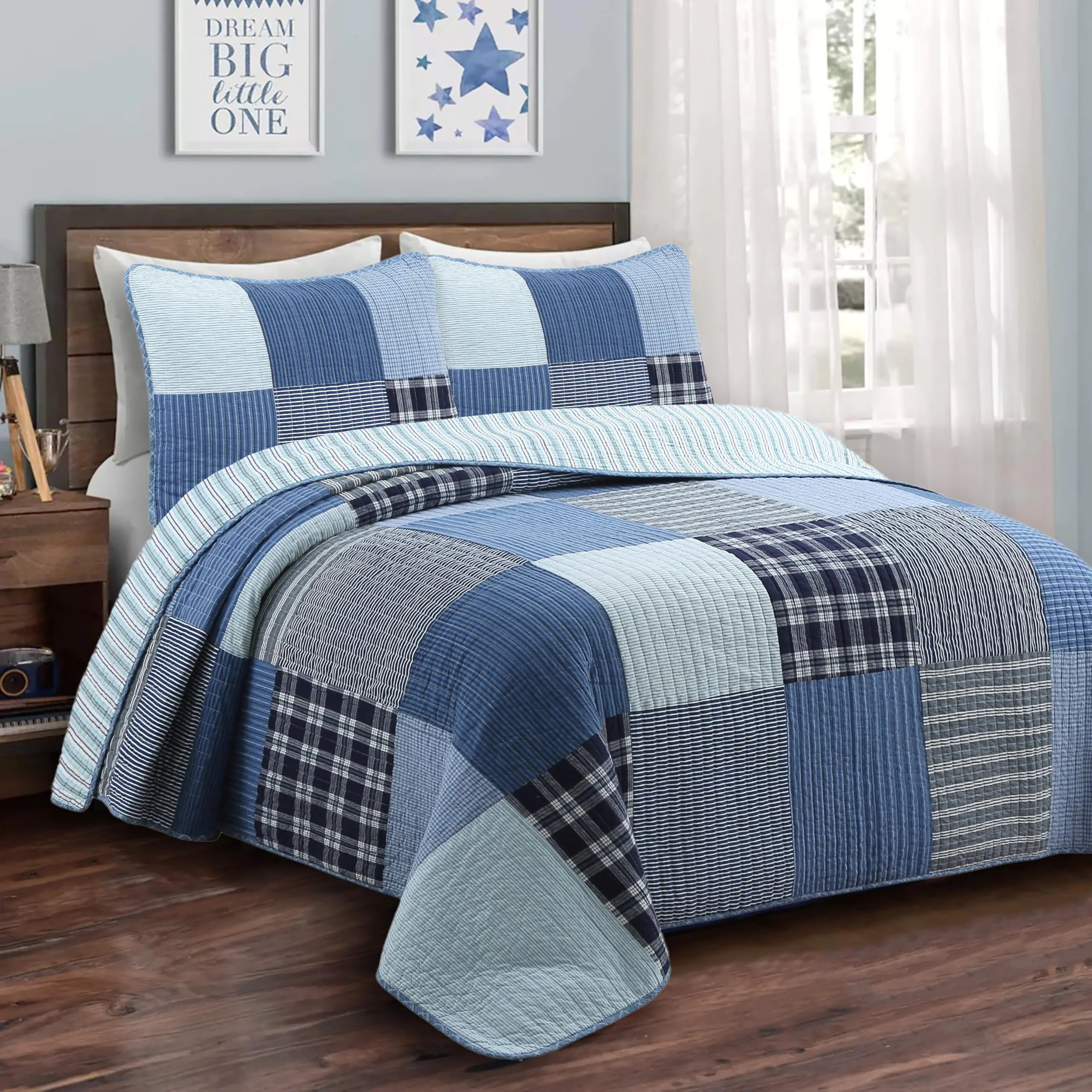 Cozy Line Home Fashions Plaid Patchwork Bedding Quilt Set Navy Blue 100% Cotton Reversible Coverlet Bedspread for Kids Teen Boy (Craver Twin - 2 Piece)