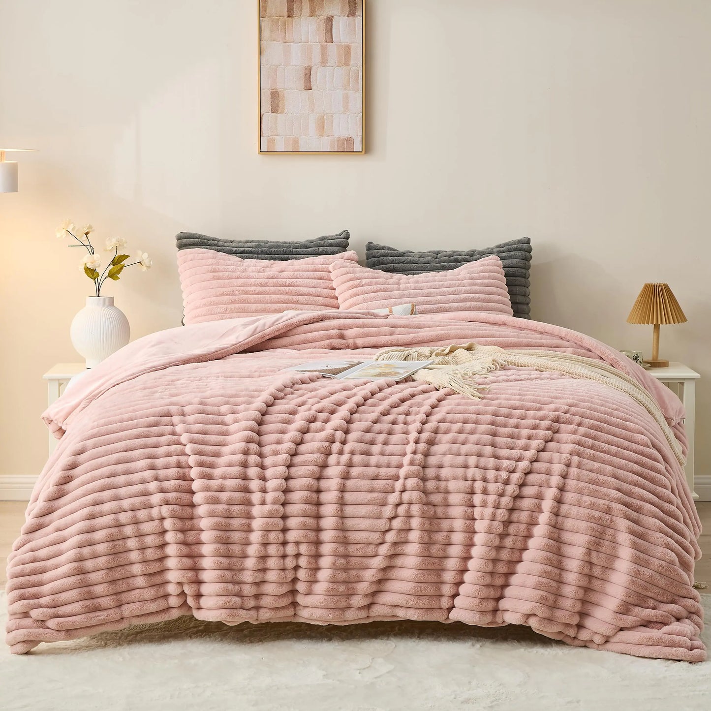 Simple&Opulence Fluffy Faux Fur Comforter Set Plush Fuzzy Minky Bedding Set 3 Pieces Warm Soft Comforter Bedding Set for Winter - 1 Shaggy Comforter with 2 Pillow Shams(Queen Striped - Pink)