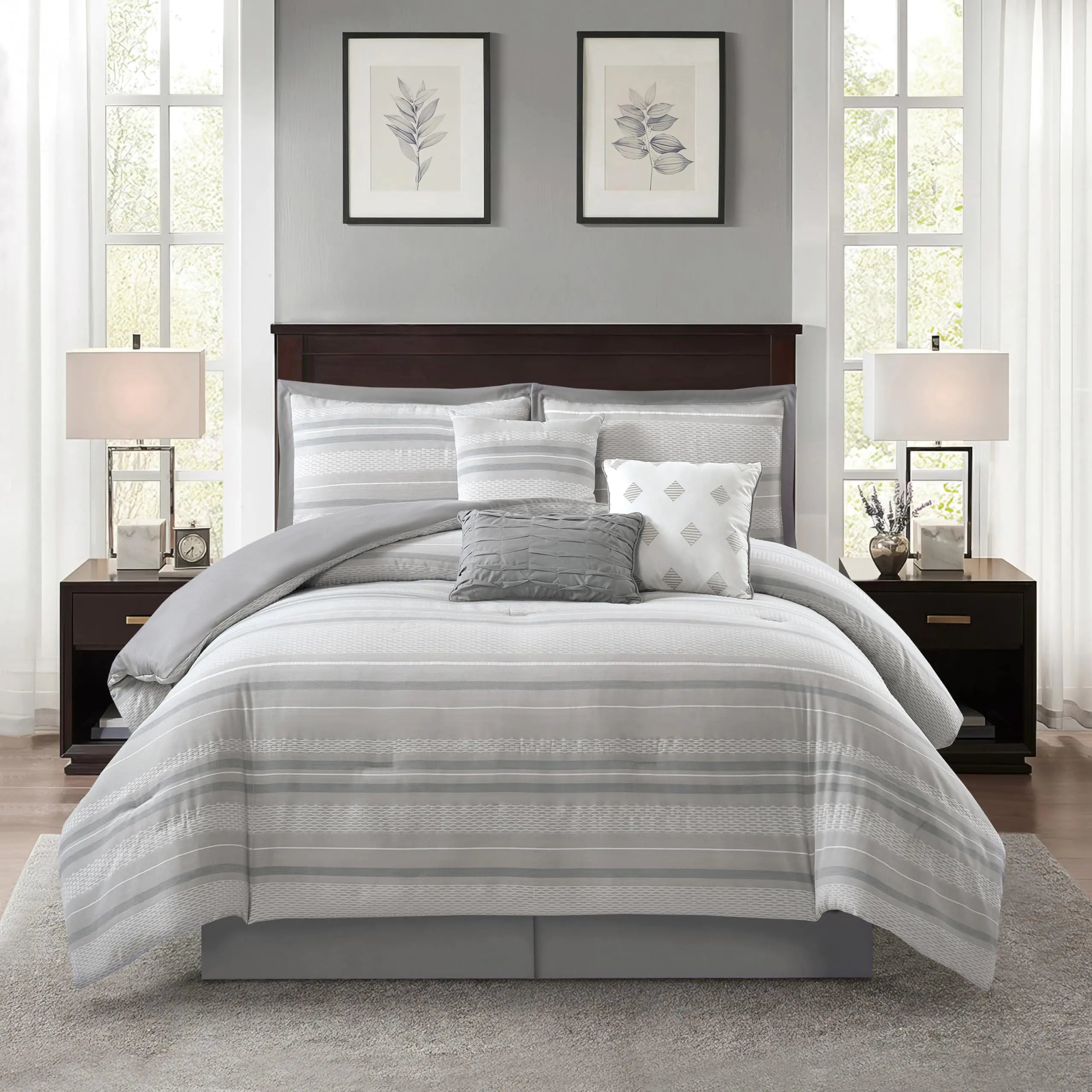 Grand Avenue Grey Jacquard Comforter Set King Size 7 Piece Striped Bedding Set All Season Home Decor Matching Pillow Shams Bedskirt Decorative Pillows