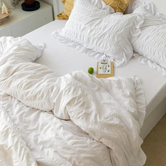 Pink Striped Ruffle Quilt Cover Bedding Set with Pillowcase