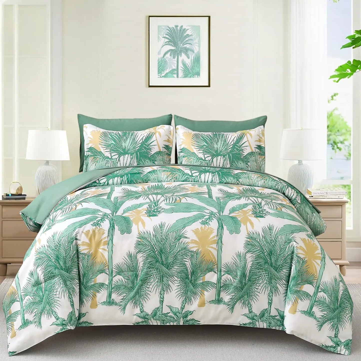 WONGS BEDDING Comforter Set Queen Size 7 Pieces Aqua Botanical Bed in a Bag Soft Microfiber Tropical Palm Tree Bedding Set with Queen Comforter Flat Sheet Fitted Sheet Pillow Shams Pillowcases