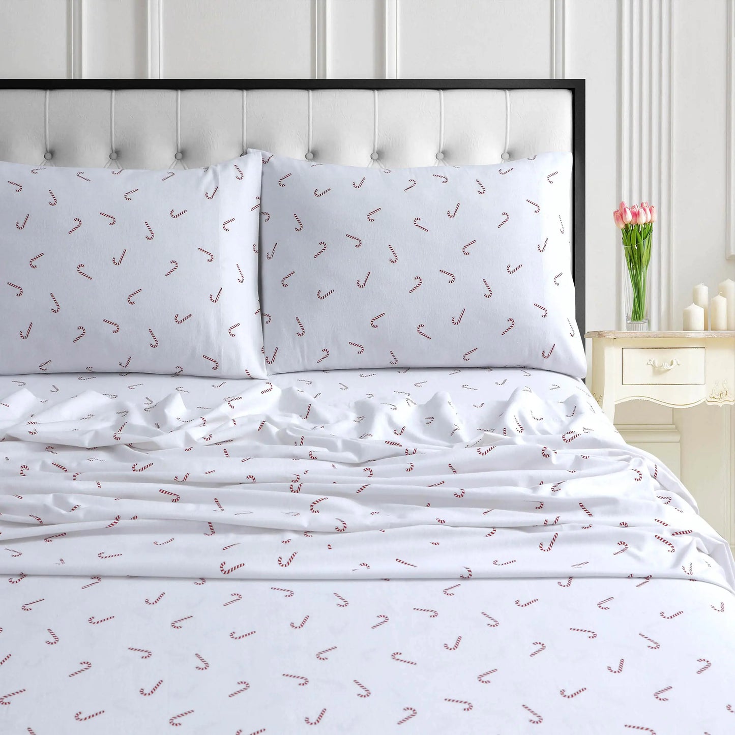 Tribeca Living Ultra-Soft Flannel Sheet Set 170-GSM Cotton Deep Pocket Cozy Winter Bedding - Twin XL Candy Cane Red