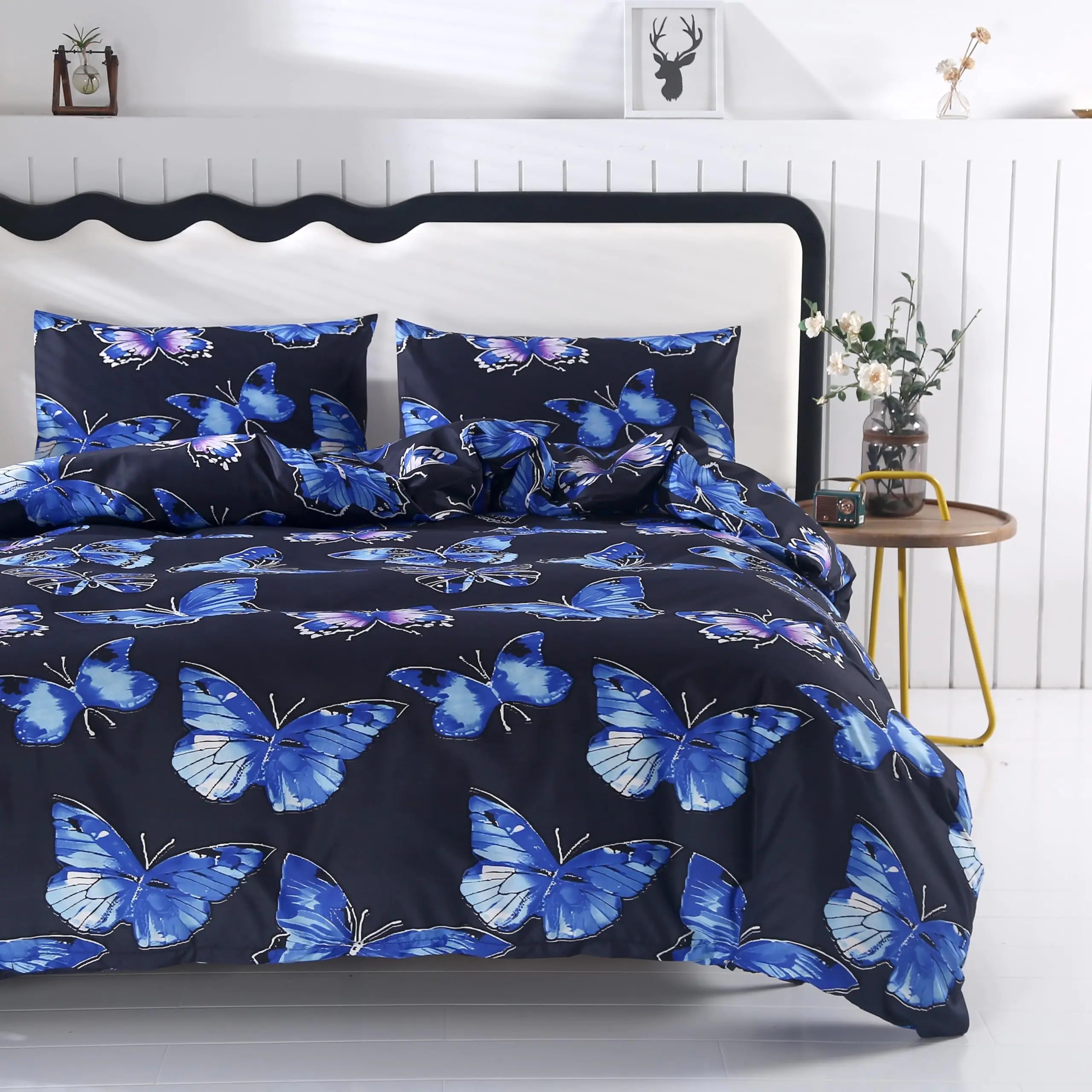 SDIII 3PCS Blue Butterfly Queen Duvet Cover Set for Kids Boys Girls and Teens 1 Duvet Cover and 2 Pillowcases Butterfly Bedding Queen with Zipper