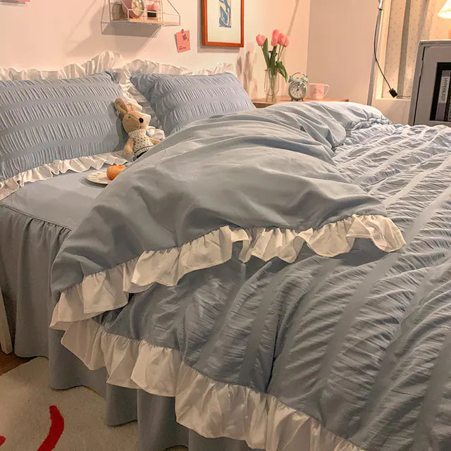 Pink Striped Ruffle Quilt Cover Bedding Set with Pillowcase