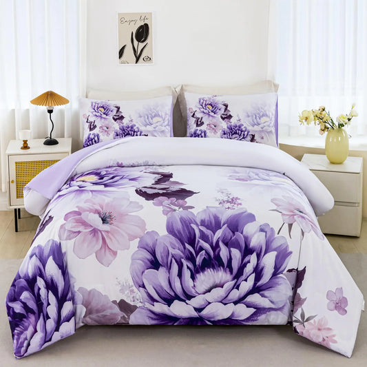 RYNGHIPY Purple Floral Comforter Set: Lightweight Soft Bedding Comforter Sets for All Season - Farmhouse Flower Bedding Set King Size (PurpleKing Size)