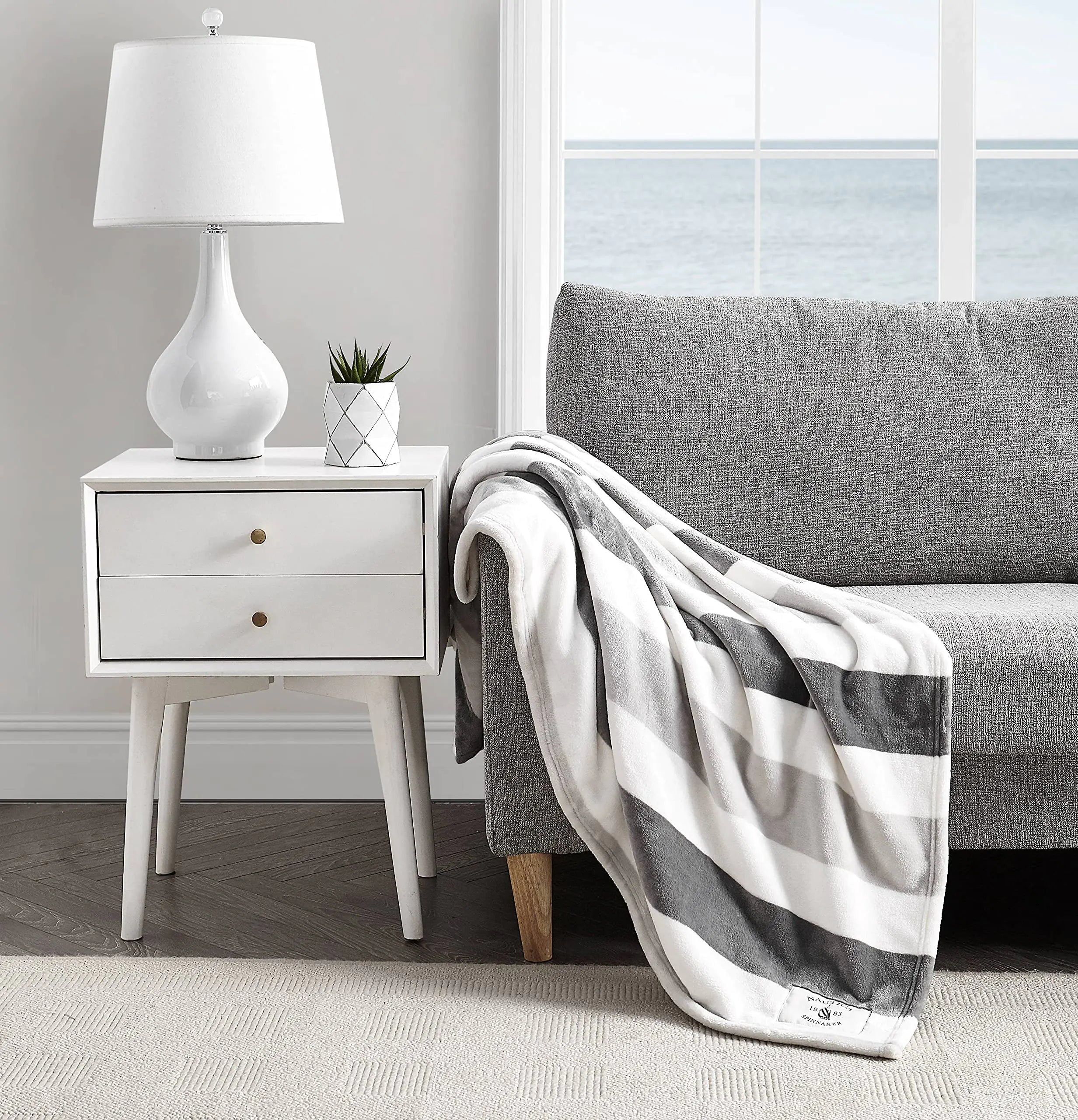 Nautica - Throw Blanket Super Soft & Cozy Fleece Bedding Dorm Room Essentials (Awning Stripe Grey Throw)