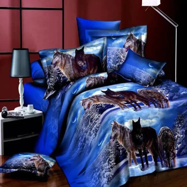 3D Blue Wolf Bedding Set - 4-Piece Bed Linens