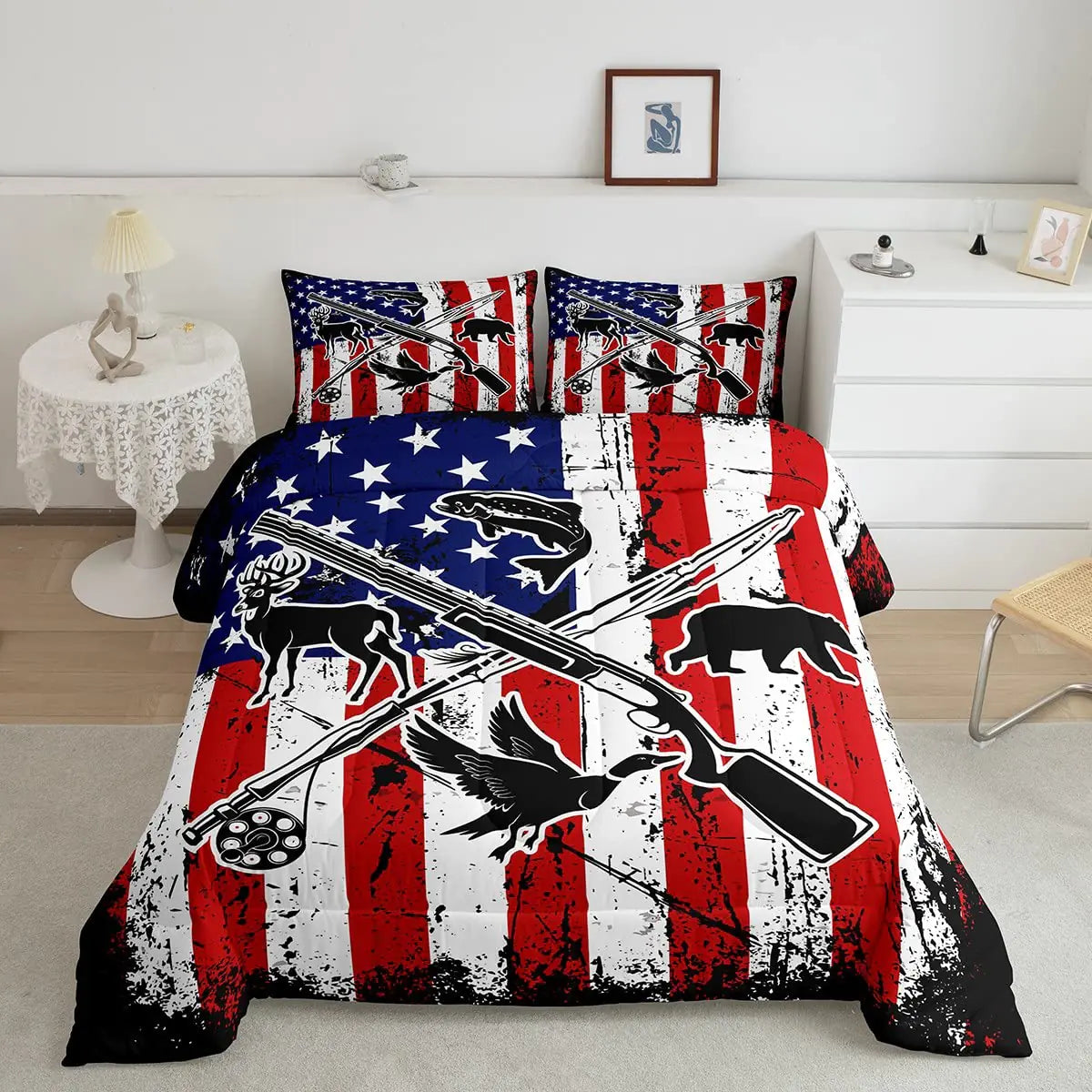Kids Hunting Fishing Full Bedding Sets For BoysBlack Silhouette Animal American Flag Comforter Set Wildlife Bass Fish Duck Deer Bear Bedding Comforter Grunge Tie Dye Quilt Duvet Red Blue 3 Pcs