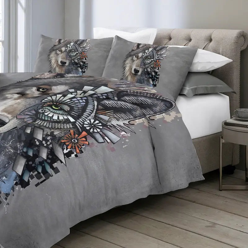 3pcs 3D Print White Wolf Bedding Set with Dreamcatcher
