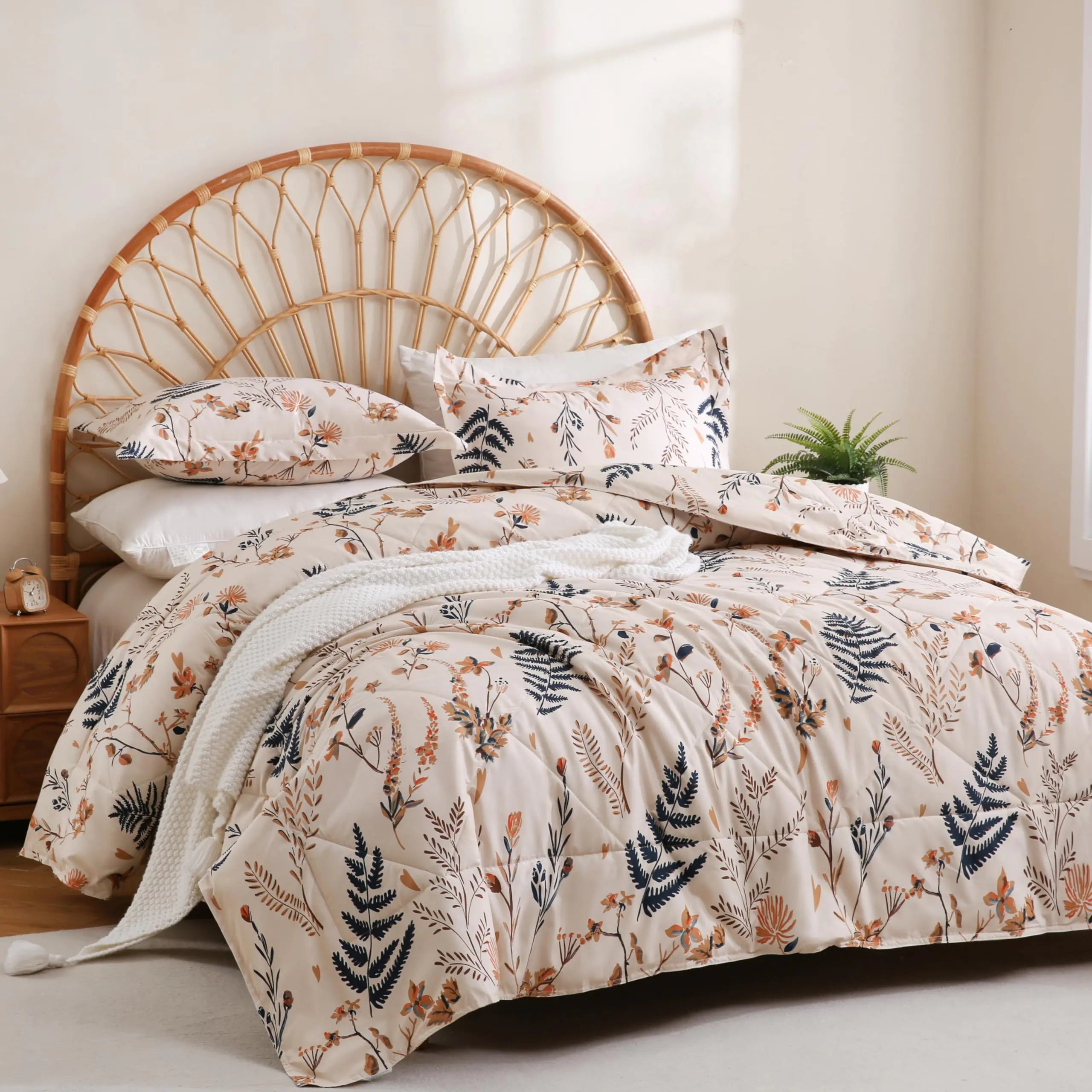 JSD Boho Floral Comforter Set Queen Size 3 Piece Blush Botanical Printed Microfiber Bedding Set (88 x 88 inches 2 Pillow Shams)