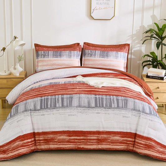 Dintszyayue Orange Striped Comforter Set KingBed in a Bag Bedding Set with SheetsPillowcases & Shams 7 Piece Reversible Patchwork Lightweight Bed for All Season