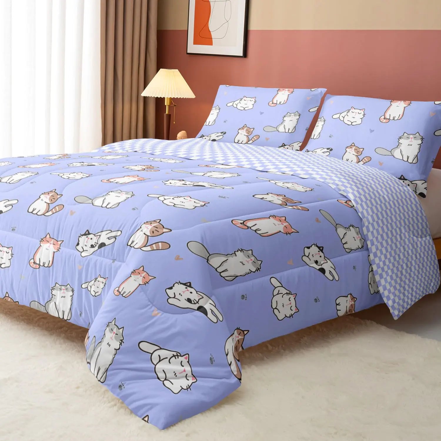Datura home Purple Kawaii Cat Comforter Bedding Set for Girls Kitten Purple Print Cute Animal Pattern Bedding Set with 1 Comforter and 2 Pillowcases for Girls Bedroom All Season(Cat Purple Full)