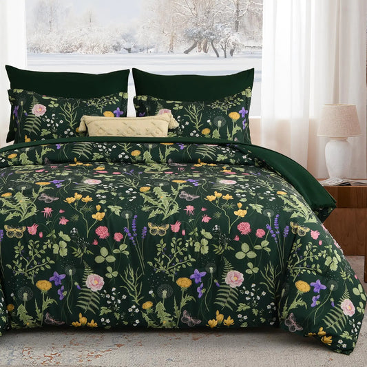 Yiran Dark Green Floral Comforter Set Queen Size 7 Piece Comforter Bedding Set Bed in a Bag with Botanical Flowers Pattern Soft Microfiber Complete Bedding Set with Sheets for All Season