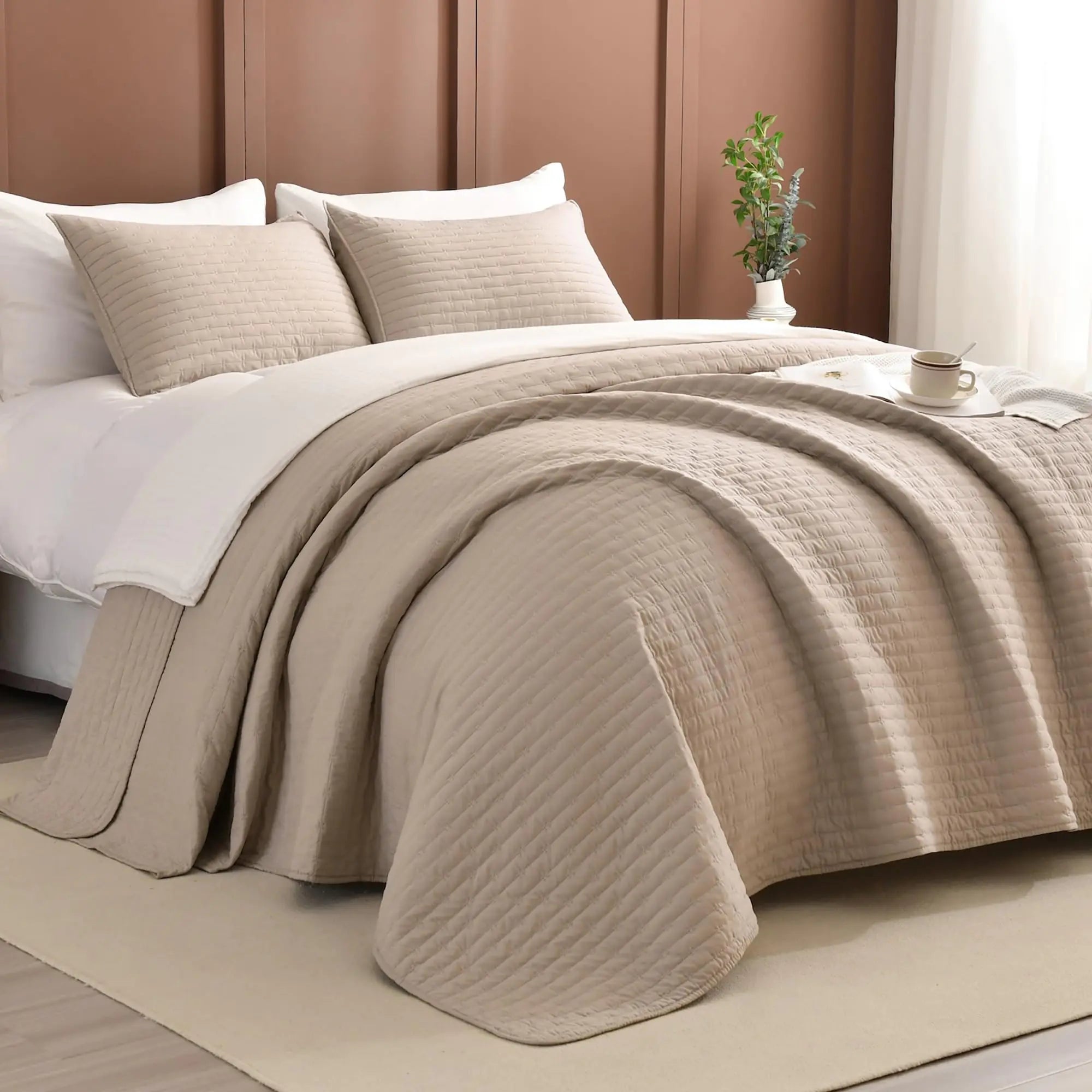 Masaca Quilts Queen SizeLightweight Quilt Bedding Set Linen Colored Bedspreads & Coverlets for All Season 3Pcs (1 Soft Quilt and 2 Pillowshams)