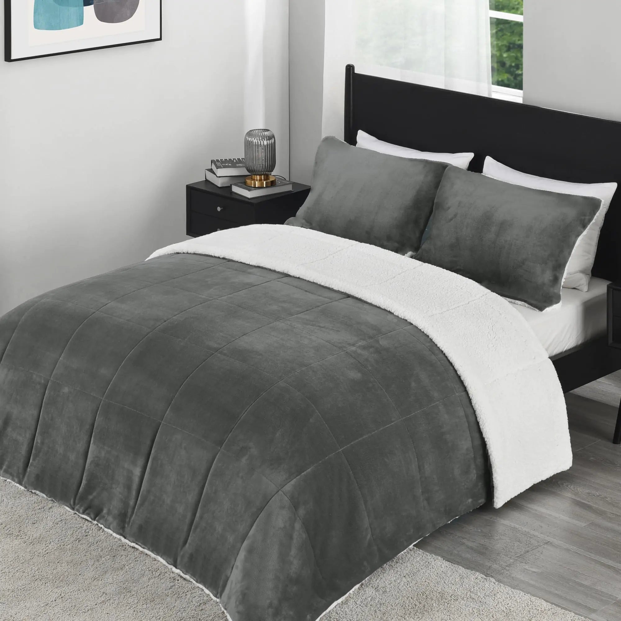 downluxe Ultra-Soft Micromink Sherpa Twin Comforter Set with 1 Pillow Sham - 2-Piece Set - Dark Grey - Plush Warm Fall Winter Bedding Comforter Sets
