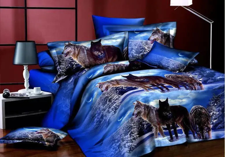 3D Blue Wolf Bedding Set - 4-Piece Bed Linens