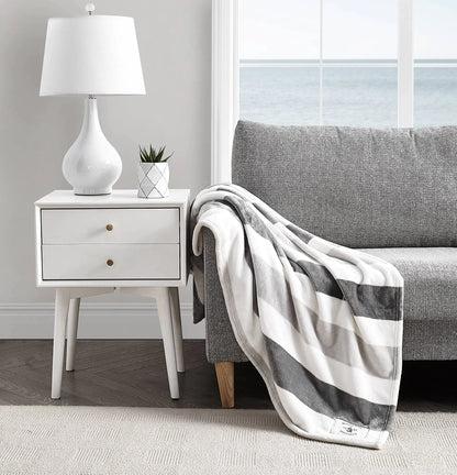 Nautica - Throw Blanket Super Soft & Cozy Fleece Bedding Dorm Room Essentials (Awning Stripe Grey Throw)