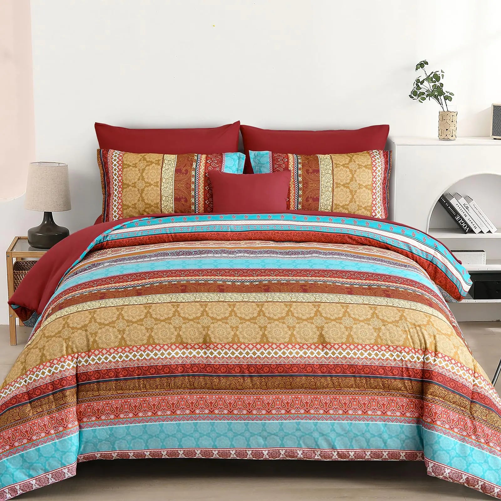 Boho King Size Comforter Set 8 Pieces Red Bohemian Striped Bed in a Bag Paisley Soft Microfiber Bedding Comforter Set