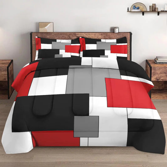 WeCozy Queen Size Comforter Set with 2 Pillowcases Black White Red Geometric Soft 3 Pcs Bedding Set for Kids and Adults Bedroom Bed Decor