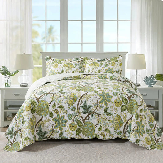 Travan 3-Piece Quilt Set Quilted Bedspread Cotton Coverlet Set Floral Oversized Quilted Bedding Set for All Season White Vine King Size