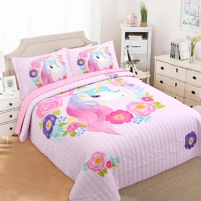 3-Piece Soft Pink Unicorn Bedding Set for Kids