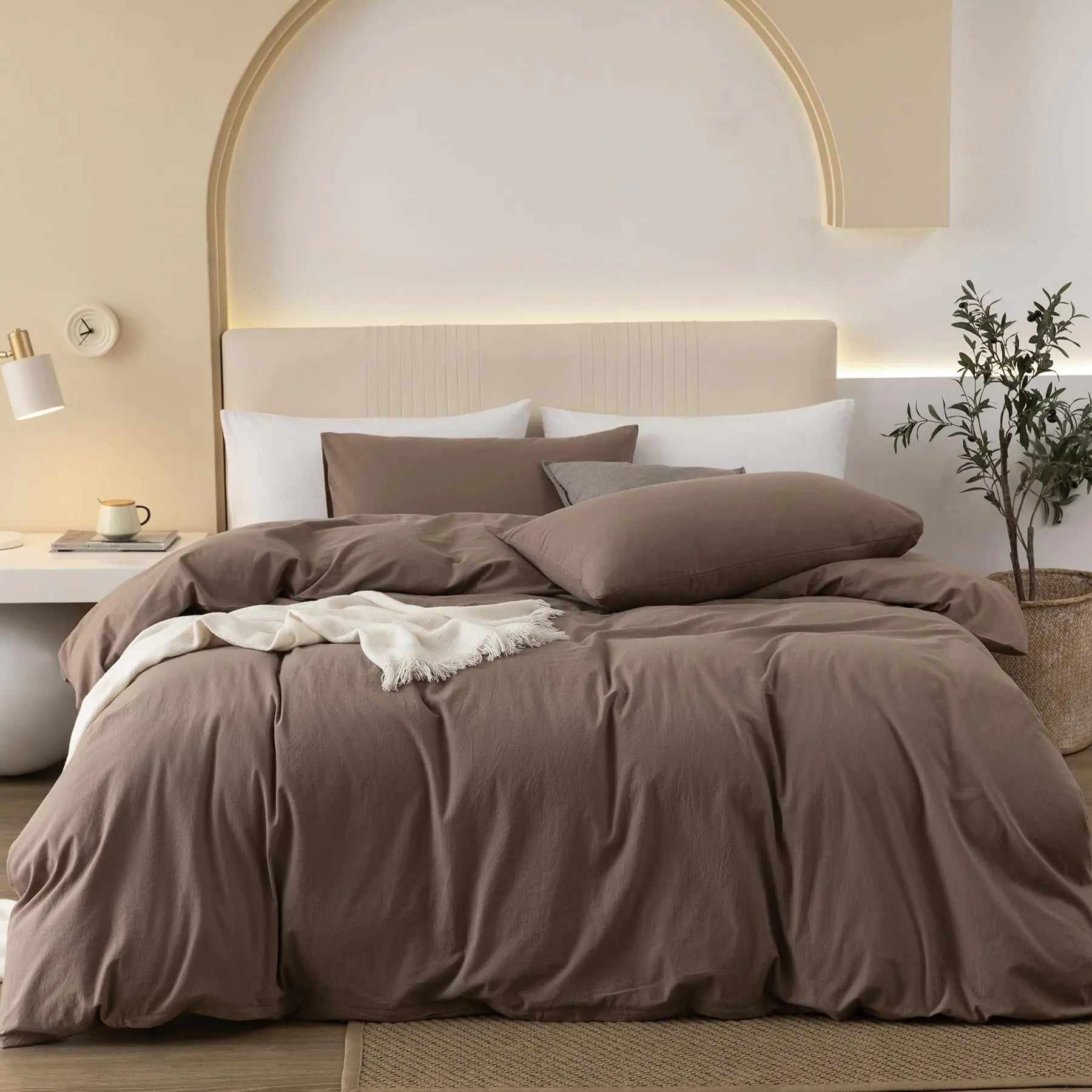 JIYUAN 100% Washed Cotton Duvet Cover Set Comfy Simple Style Soft Breathable Textured Durable Linen Feel Bedding for All Seasons Oversized Queen Size Solid Brown