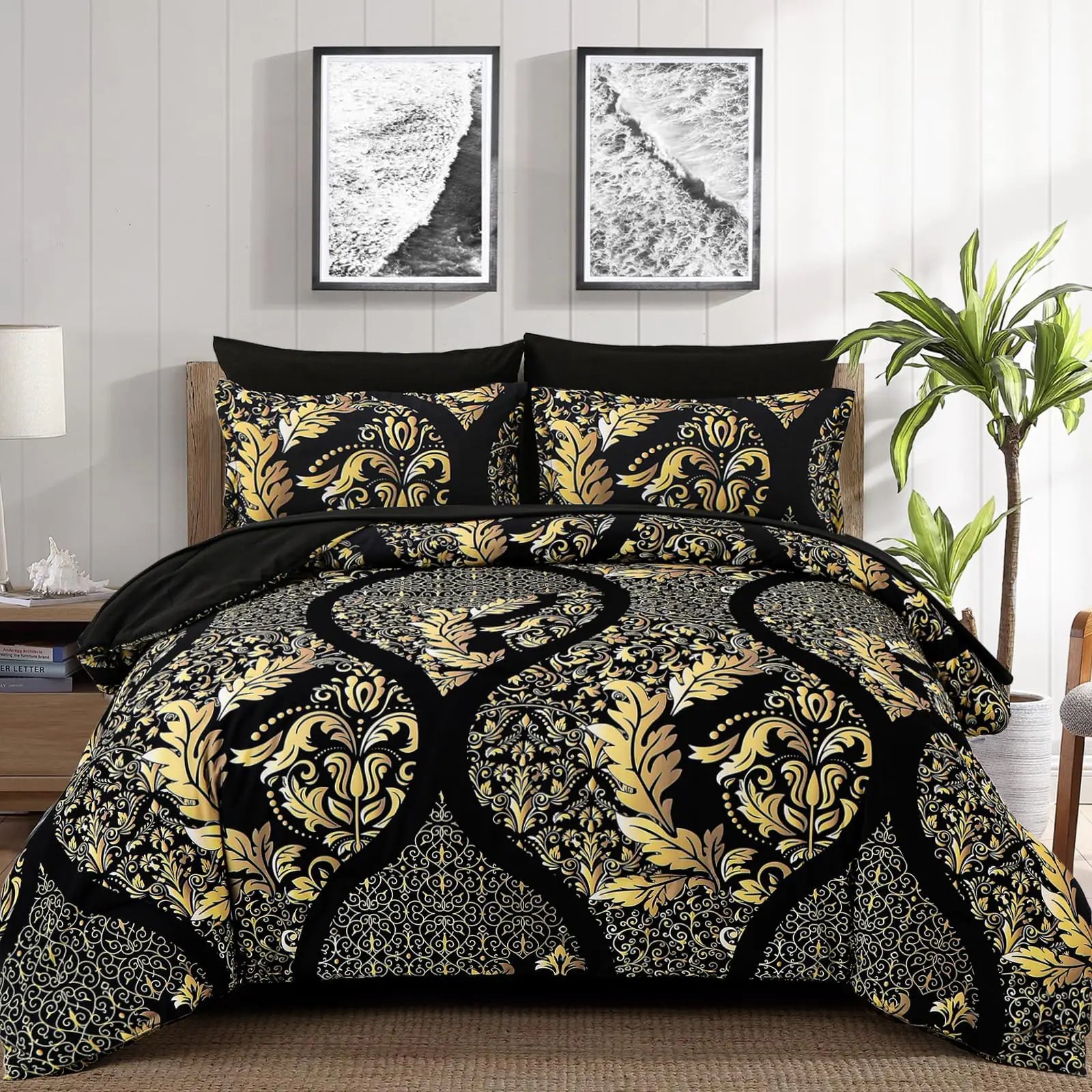 Anibedding Black Gold Comforter Set King Size 7 Pieces Bohemian Damask Comforter Set Soft Lightweight Microfiber Bedding Set for All Season (104"x90")
