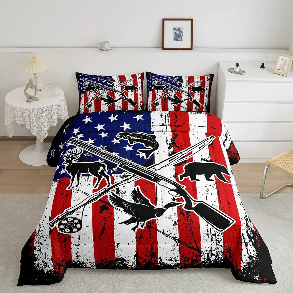 Kids Hunting Fishing Full Bedding Sets For BoysBlack Silhouette Animal American Flag Comforter Set Wildlife Bass Fish Duck Deer Bear Bedding Comforter Grunge Tie Dye Quilt Duvet Red Blue 3 Pcs