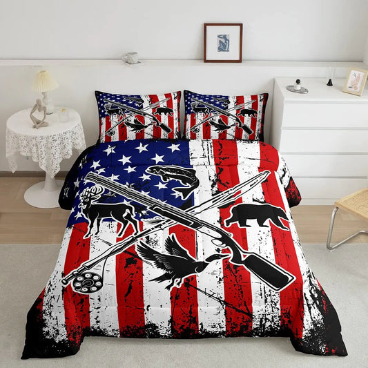 Kids Hunting Fishing Full Bedding Sets For BoysBlack Silhouette Animal American Flag Comforter Set Wildlife Bass Fish Duck Deer Bear Bedding Comforter Grunge Tie Dye Quilt Duvet Red Blue 3 Pcs