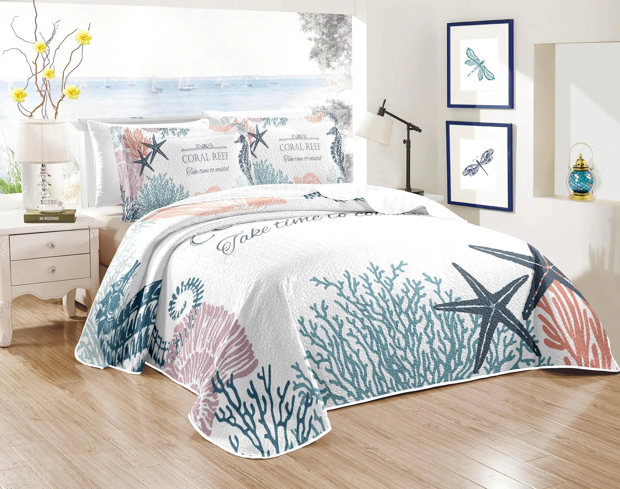 Coastal Bedding King Size Coastal Quilt with 2 Shams Nautical Bedding Beach Comforter Sets Ocean Bedspreads Coastal Coverlet Summer Bedding 96x106