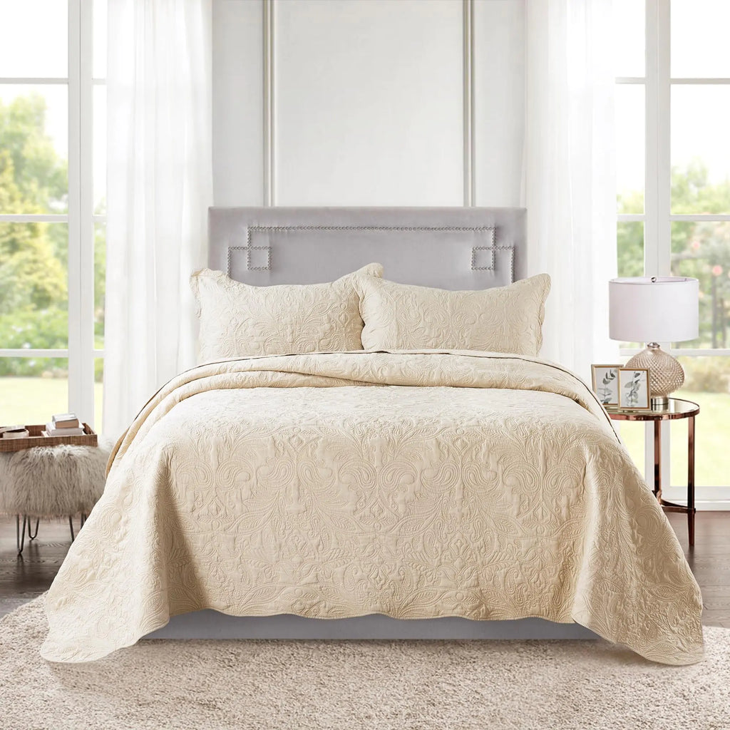HoneiLife Quilt Set King Size - 3 Piece Embroidered Microfiber Bedspread Reversible Coverlet Lightweight Bedcover Paisley Pattern Bedding Set All Season Quilts-Khaki