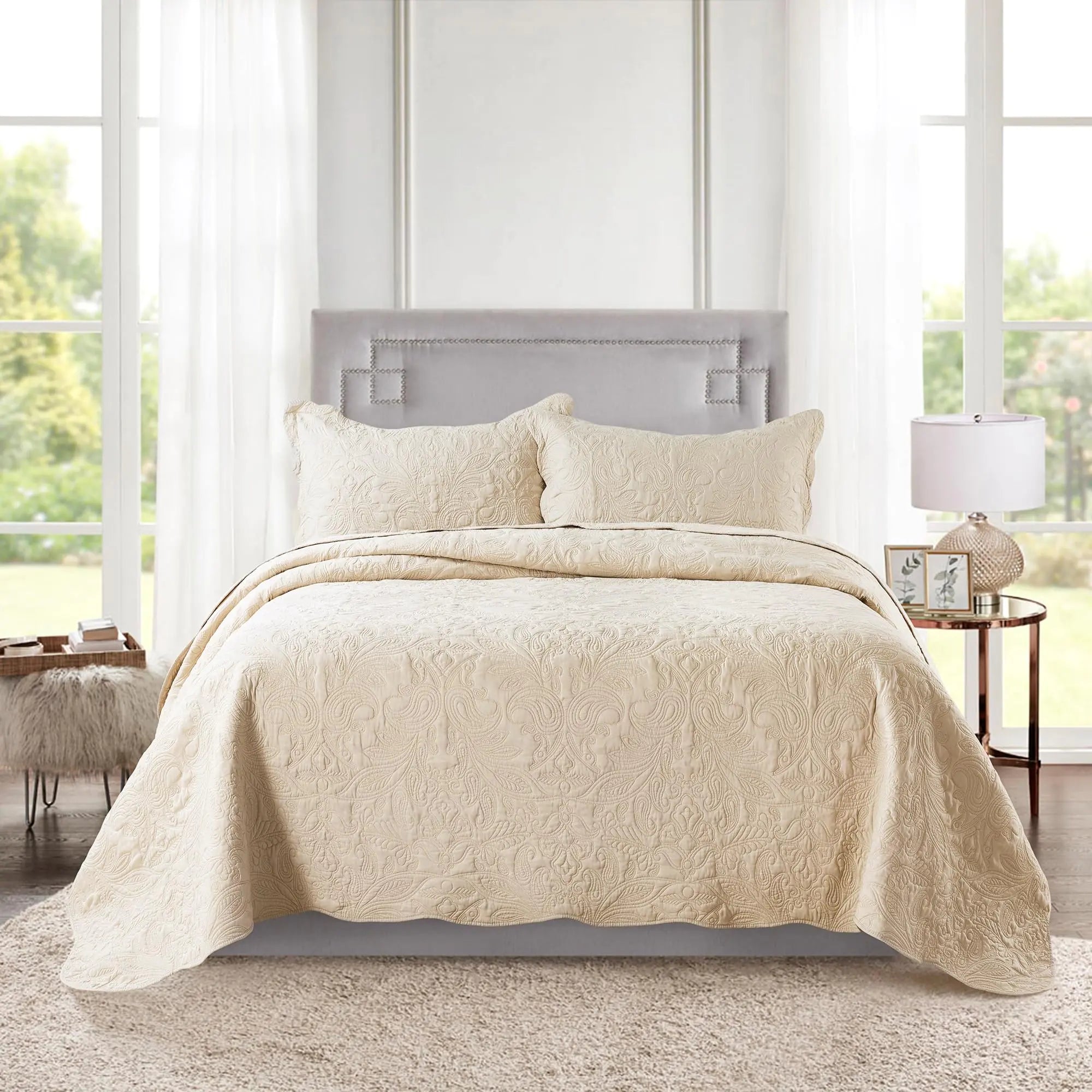 HoneiLife Quilt Set King Size - 3 Piece Embroidered Microfiber Bedspread Reversible Coverlet Lightweight Bedcover Paisley Pattern Bedding Set All Season Quilts-Khaki