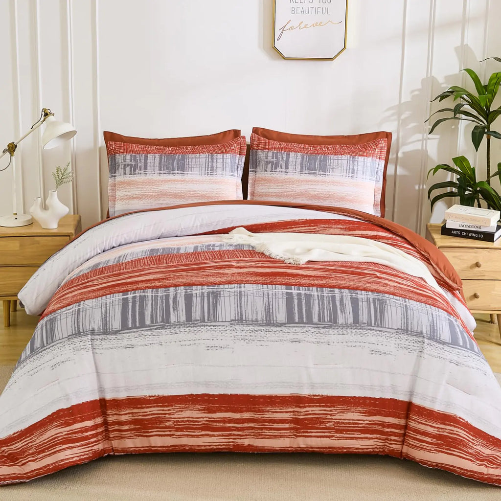 Dintszyayue Orange Striped Comforter Set KingBed in a Bag Bedding Set with SheetsPillowcases & Shams 7 Piece Reversible Patchwork Lightweight Bed for All Season