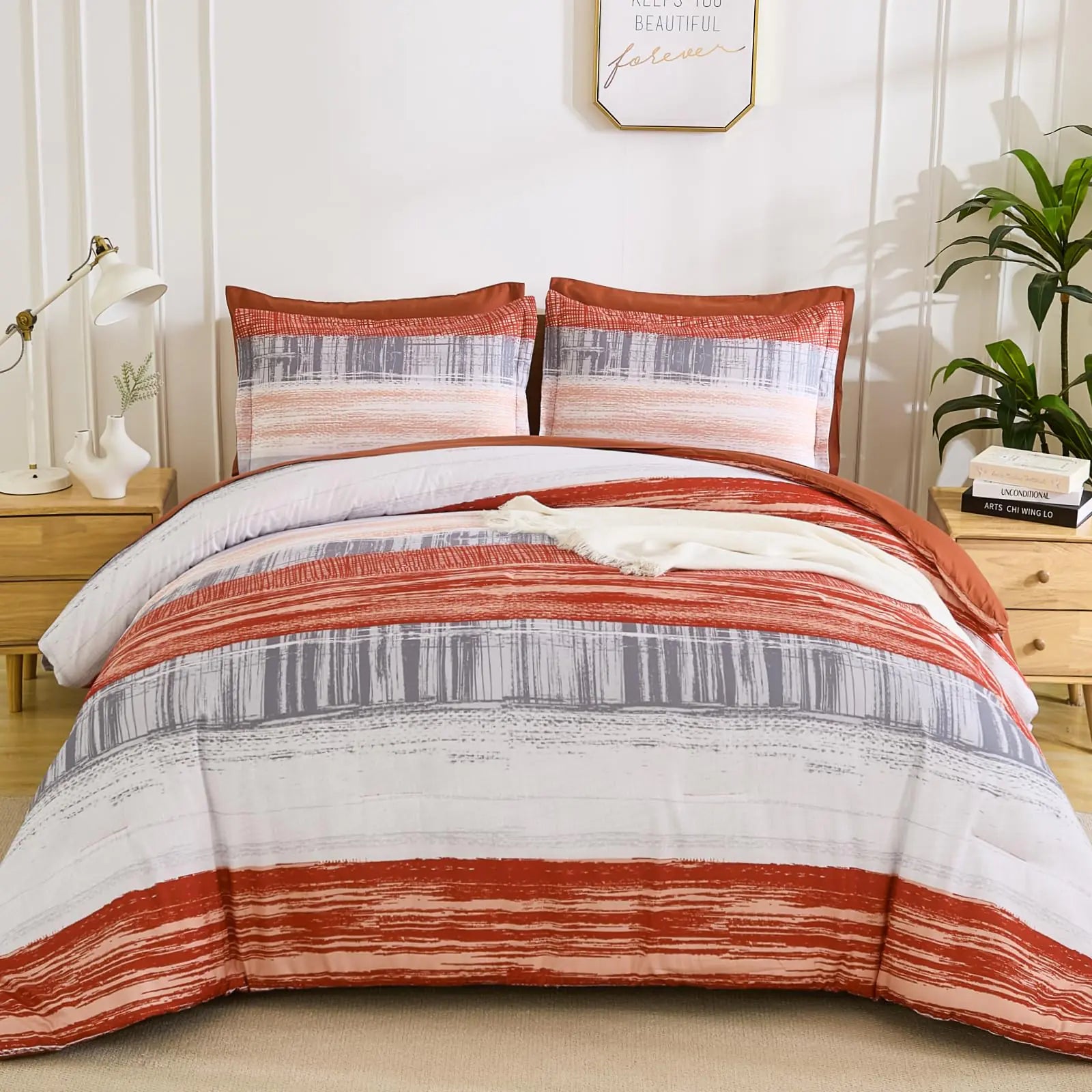 Dintszyayue Orange Striped Comforter Set KingBed in a Bag Bedding Set with SheetsPillowcases & Shams 7 Piece Reversible Patchwork Lightweight Bed for All Season