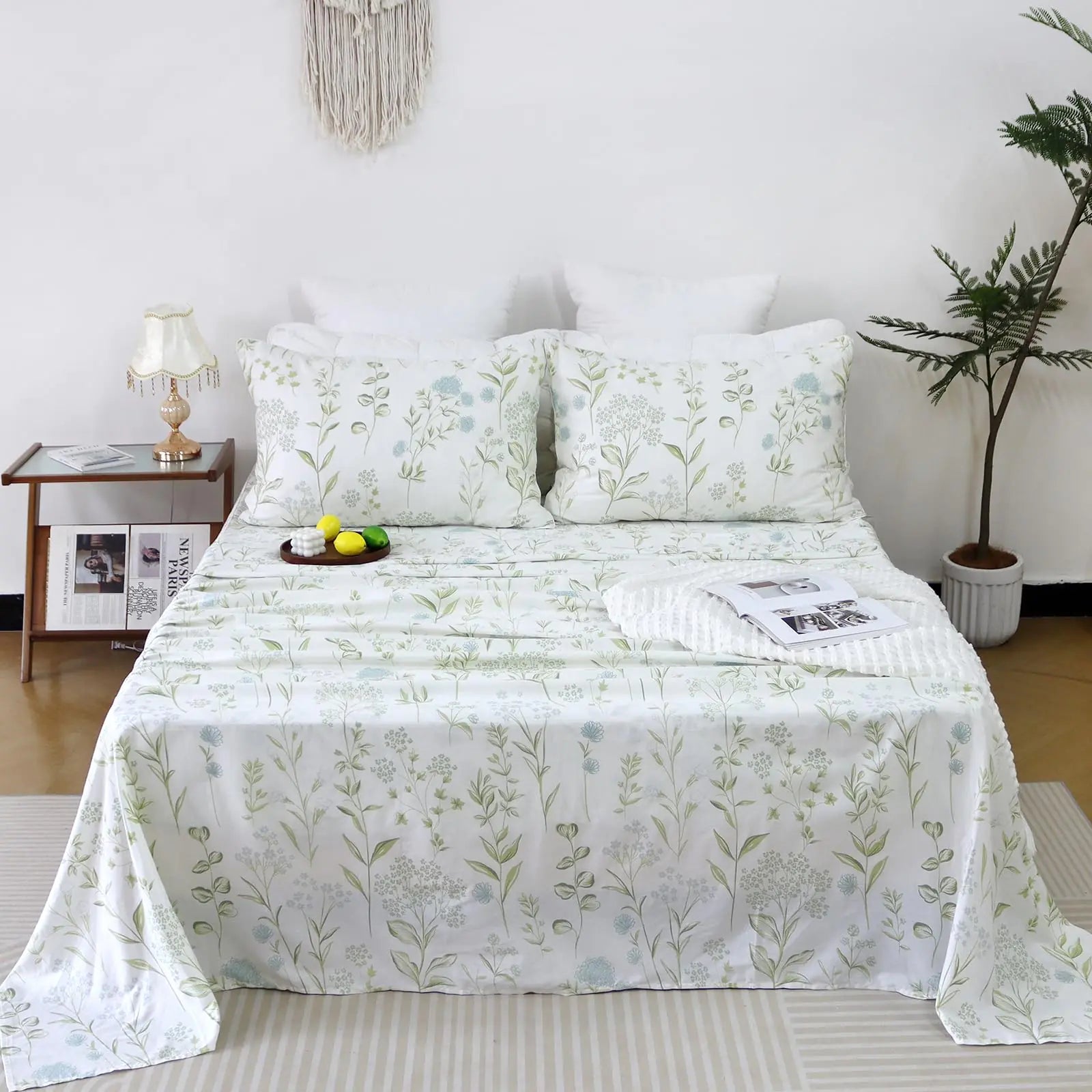 Helthep Floral Sheet Set Twin 100% Cotton Green Botanical Pattern Sheets Blue Flower Printed Sheet Shabby Vintage Bedding with 17.5" Deep Pocket 4Pcs Luxury Soft Bedding for Twin Size Bed