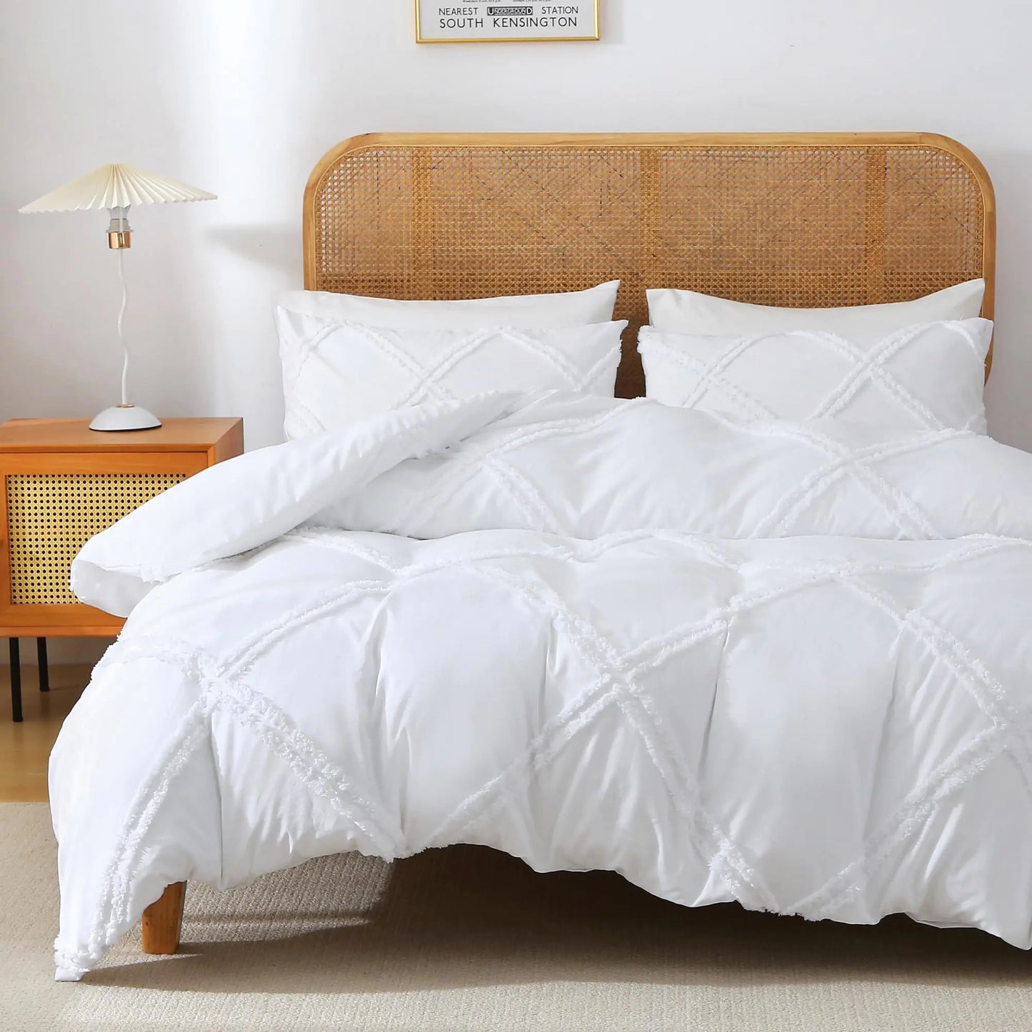 MILDLY Boho Duvet Cover White - Tufted Comforter Cover Set Geometric Textured Jacquard Queen Size Bedding Set with Corner Ties & Zipper Closure