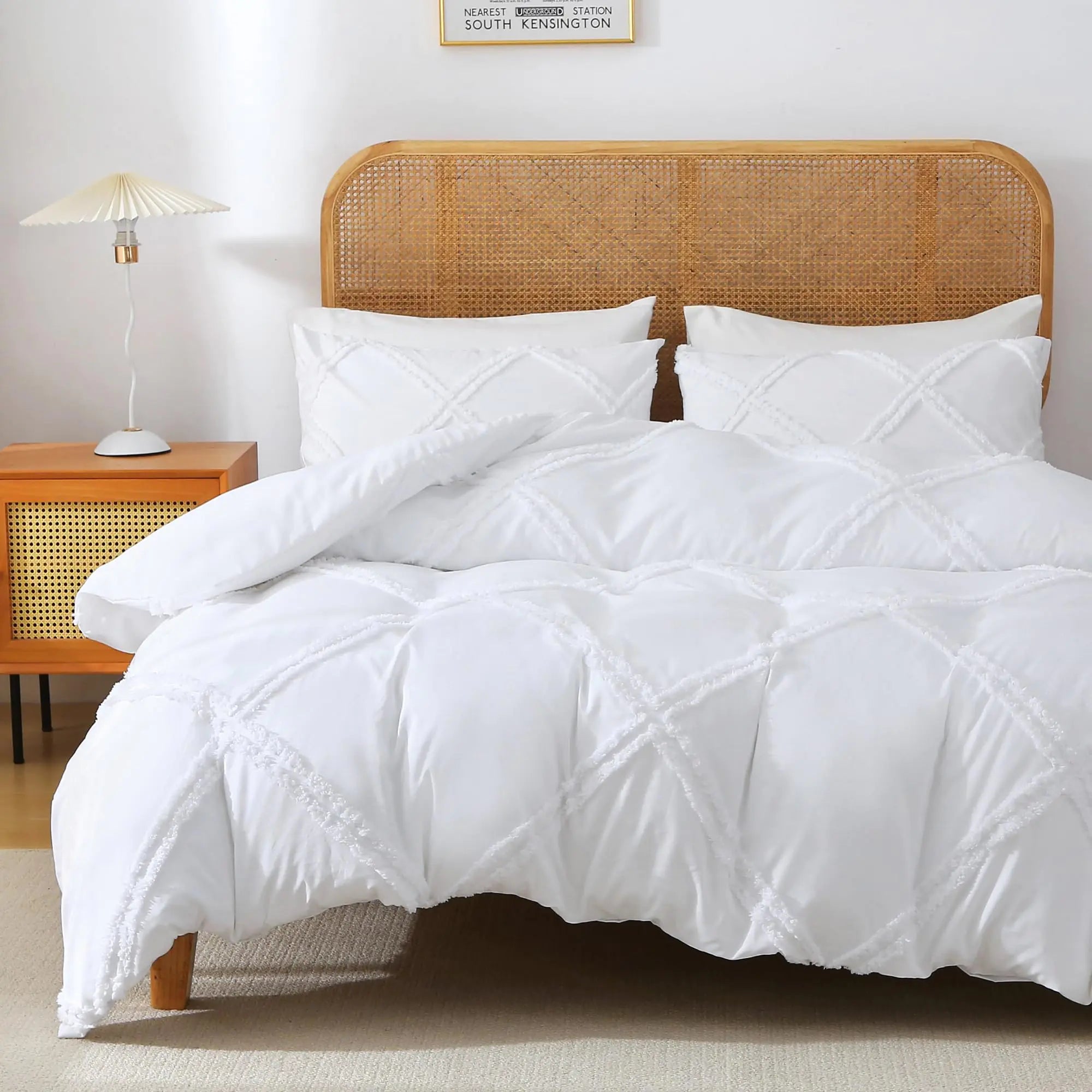 MILDLY Boho Duvet Cover White - Tufted Comforter Cover Set Geometric Textured Jacquard Queen Size Bedding Set with Corner Ties & Zipper Closure
