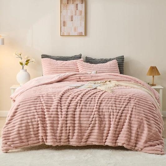 Simple&Opulence Fluffy Faux Fur Comforter Set Plush Fuzzy Minky Bedding Set 3 Pieces Warm Soft Comforter Bedding Set for Winter - 1 Shaggy Comforter with 2 Pillow Shams(Queen Striped - Pink)