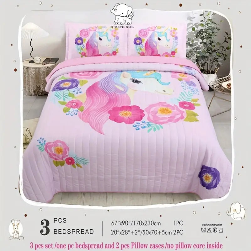3-Piece Soft Pink Unicorn Bedding Set for Kids
