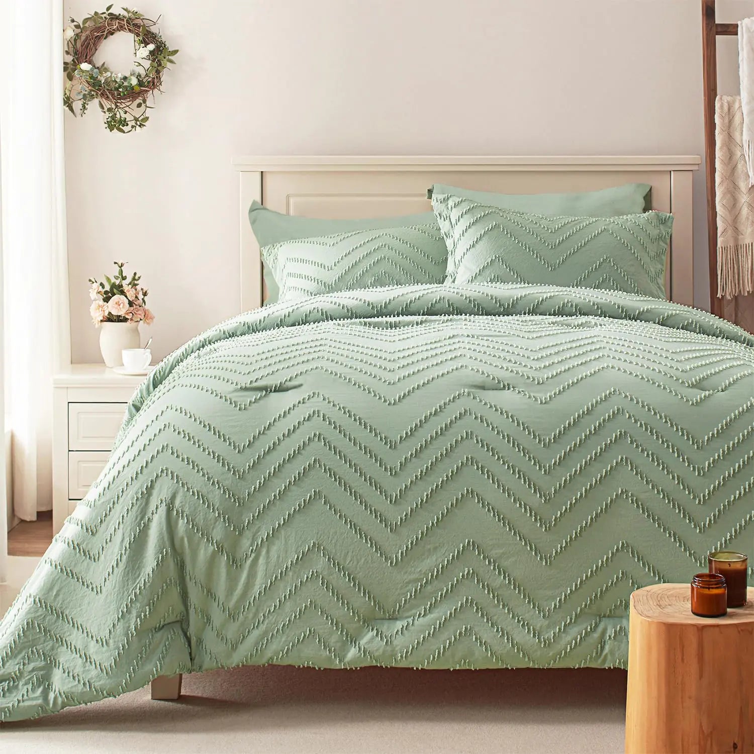 Anluoer Full Comforter Set Sage Green 7 Pieces with Sheets All Season Bedding Extra Cozy Down Alternative Machine Washable
