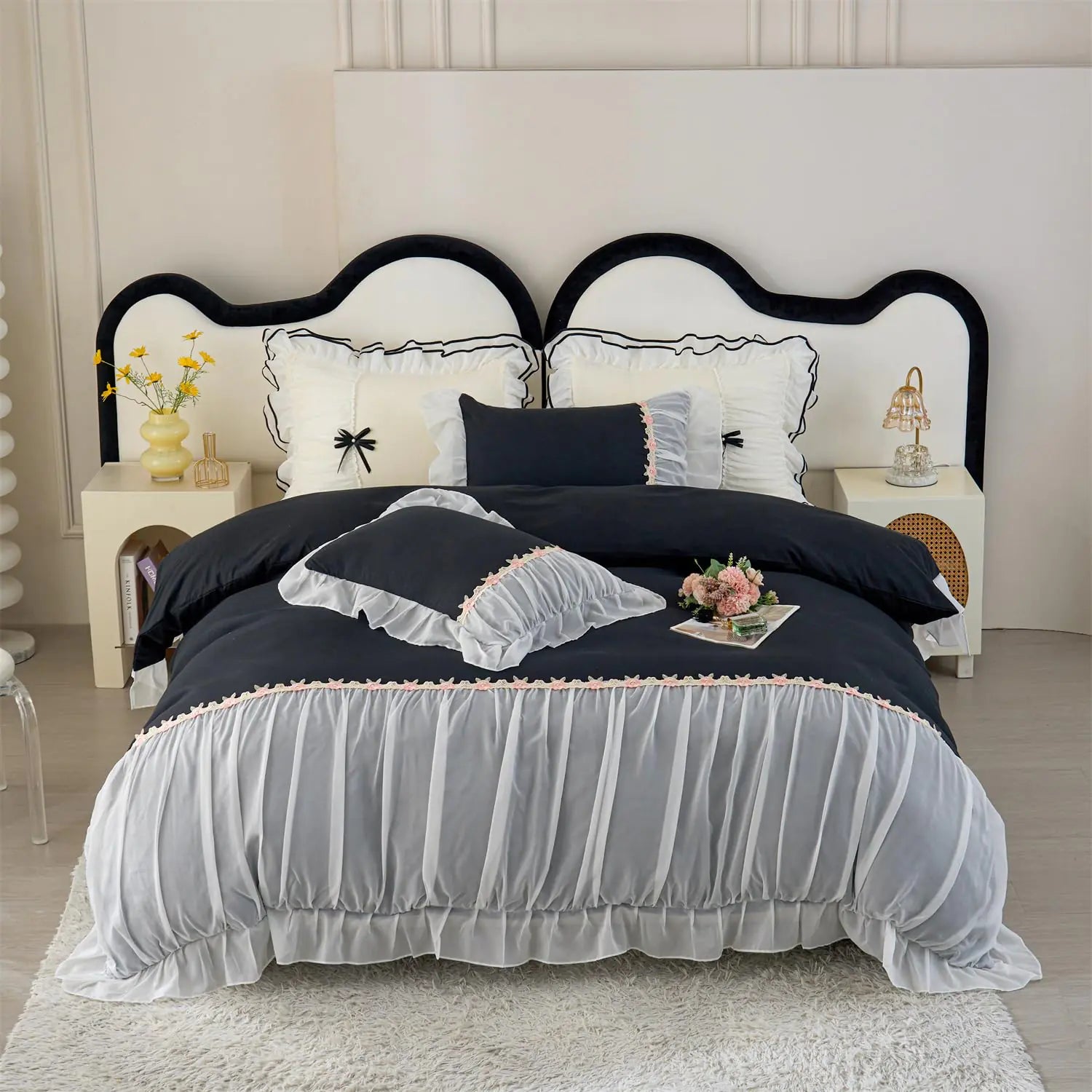 MOOWOO Chic Ruffle Lace Full Duvet Cover Set-Princess Girl Bedding-3 Piece Comforter Duvet Cover with Zipper ClosureCoquette Room Decor-BlackFull Size