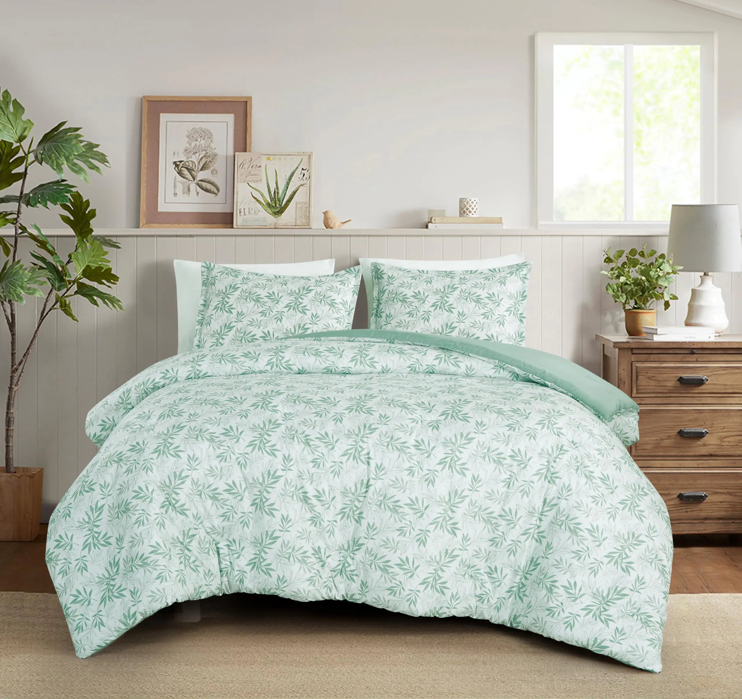 Chezmoi Collection Venus 3-Piece Floral Leaves Comforter Set King - Green White Leaves Printed Microfiber Lightweight Bedding Set for All Season