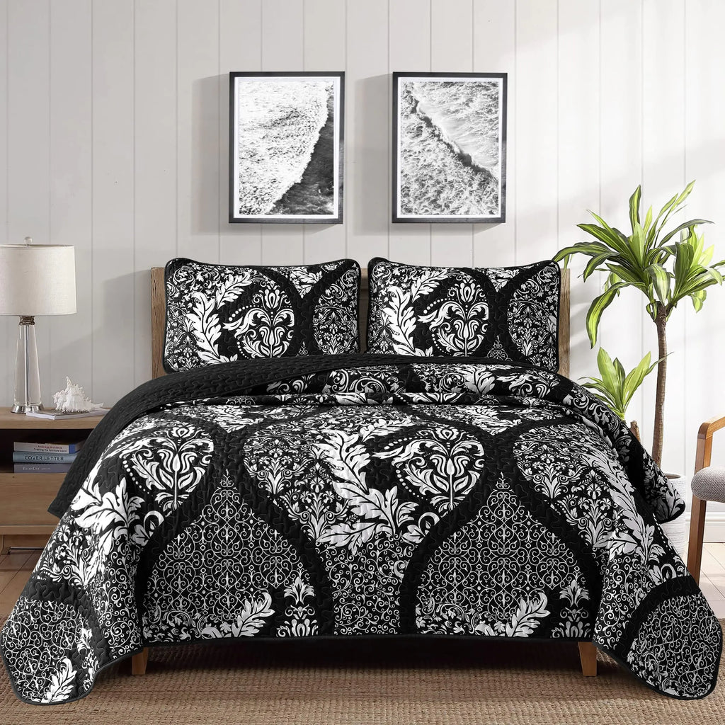 DJY Black Quilt Set Full Size Boho Damask Bedspread Coverlet Set Soft Lightweight Microfiber Bedding Set 3 Pieces for All Season (78"x90")