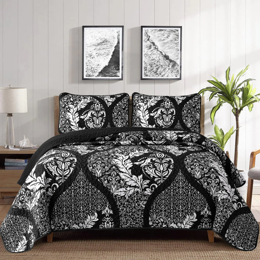 DJY Black Quilt Set Full Size Boho Damask Bedspread Coverlet Set Soft Lightweight Microfiber Bedding Set 3 Pieces for All Season (78"x90")