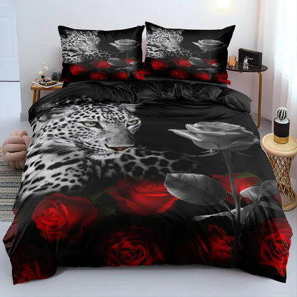 Holiyjog Animal and Red Roses King Duvet Cover Set Flowers Comforter-Cover and Pillowcases Black Background Cheetah Print Bedding Set Leopard Bedroom Decor