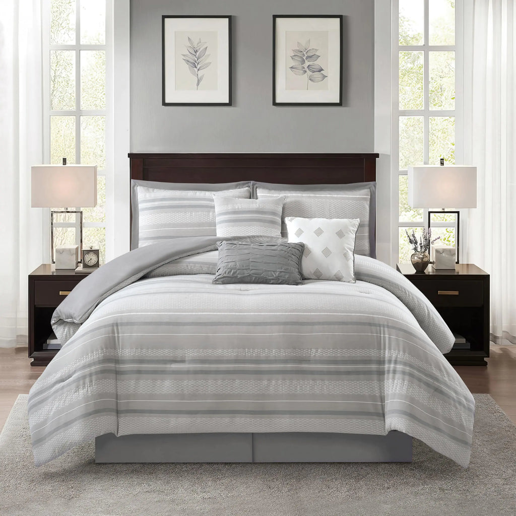 Grand Avenue Grey Jacquard Comforter Set King Size 7 Piece Striped Bedding Set All Season Home Decor Matching Pillow Shams Bedskirt Decorative Pillows